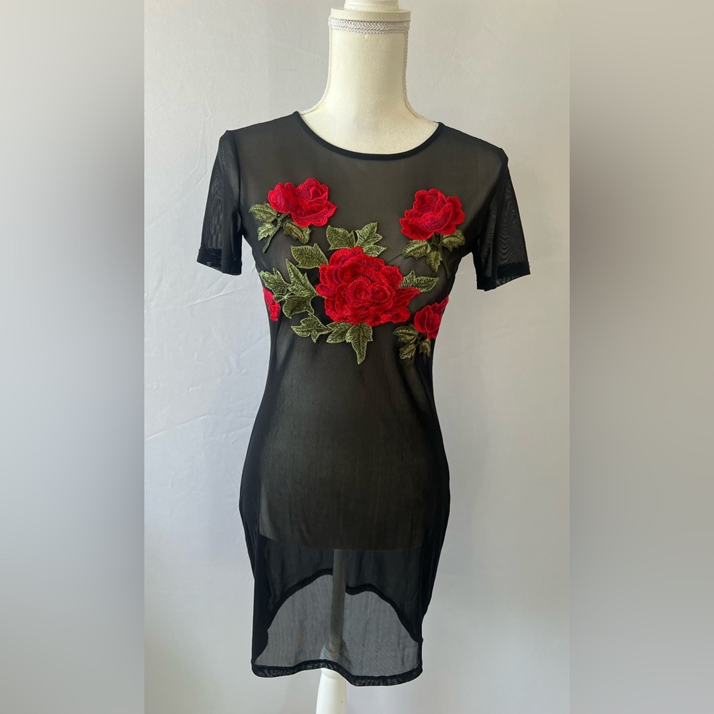 Elegant Black Dress with Red Floral Embroidery